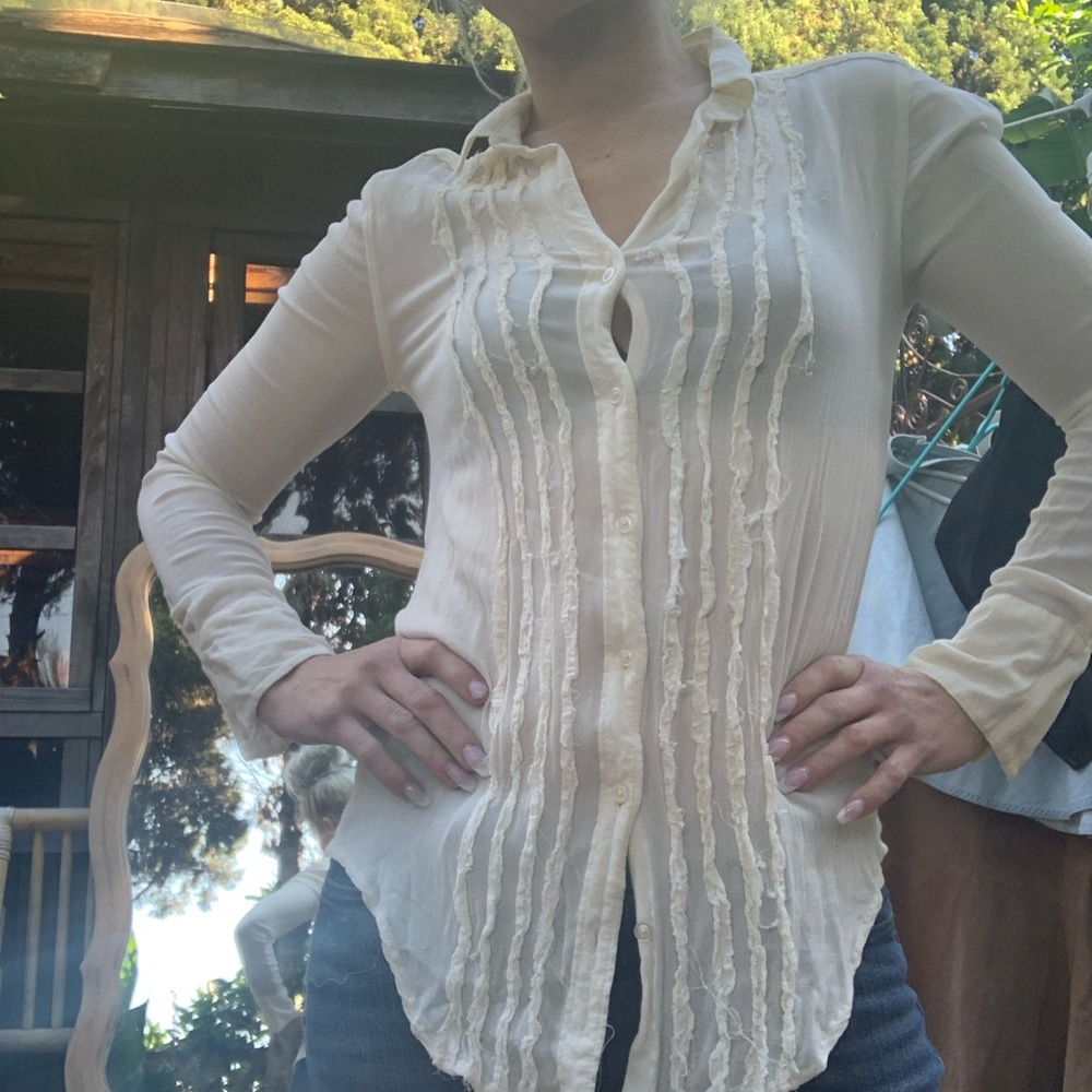 UO Button down cream long sleeve sheer dress shirt